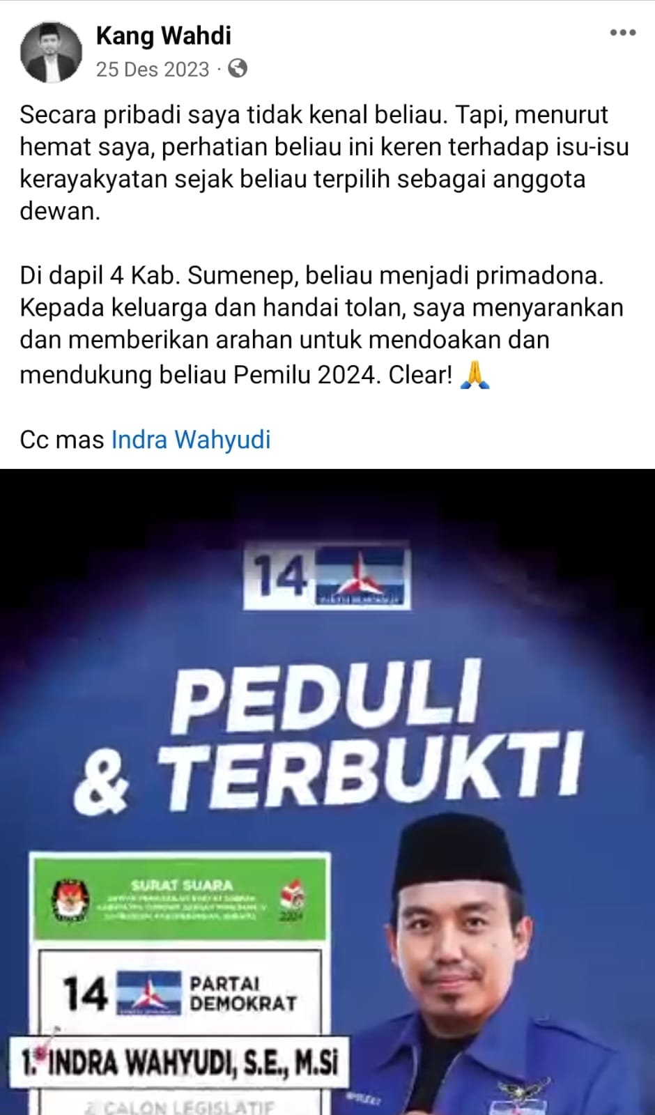 Mantan Aktivis PMII Kang Wahdi Siap Dukung Penuh H. Indra Wahyudi Pemilihan Umum 2024.
